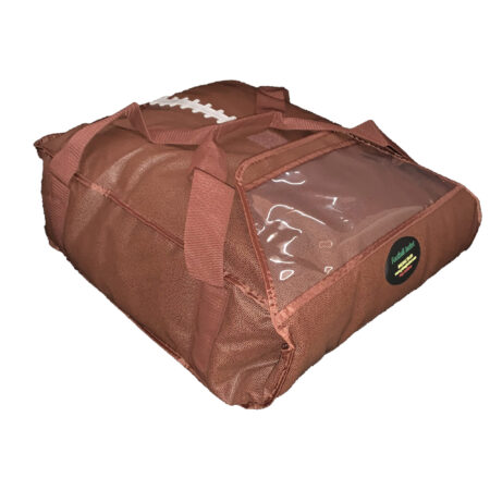 football-themed insulated bag laying flat